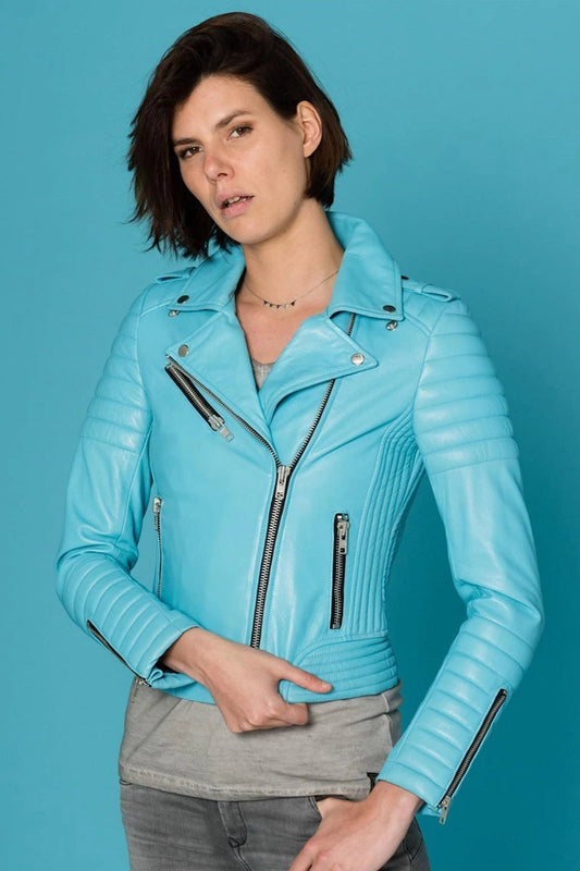 Women's Genuine Blue Leather Jacket WLJ 01