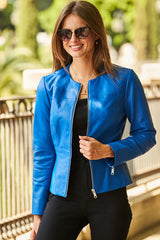 Women's Genuine Blue Leather Jacket WLJ 60
